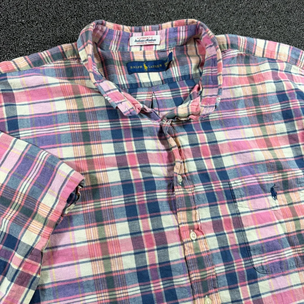 Polo Ralph Lauren Indian Madras Shirt Mens 3XB Pink Blue Plaid Short Sleeve Pony